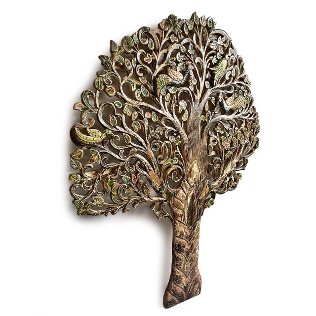 Vintage stunning wood hand carved good luck peacock tree wall decor from India. Peacocks adorn the swirling tree branches...