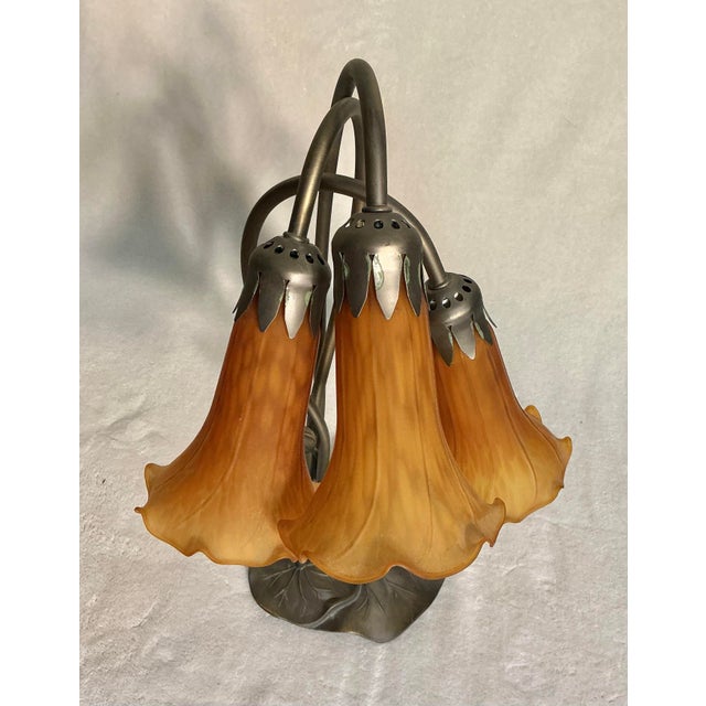 Late 20th Century Tiffany Styled Pond Lily Three Light 16"Tall Table Lamp For Sale - Image 5 of 12