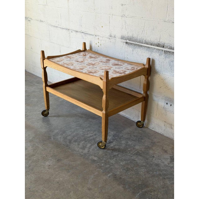 Mid-Century Modern In Style of Henning Kjærnulf Oak Two-Tier Serving Bar Cart With Ceramic Tile Top Vintage Mid-Century Modern 1970s For Sale - Image 3 of 10