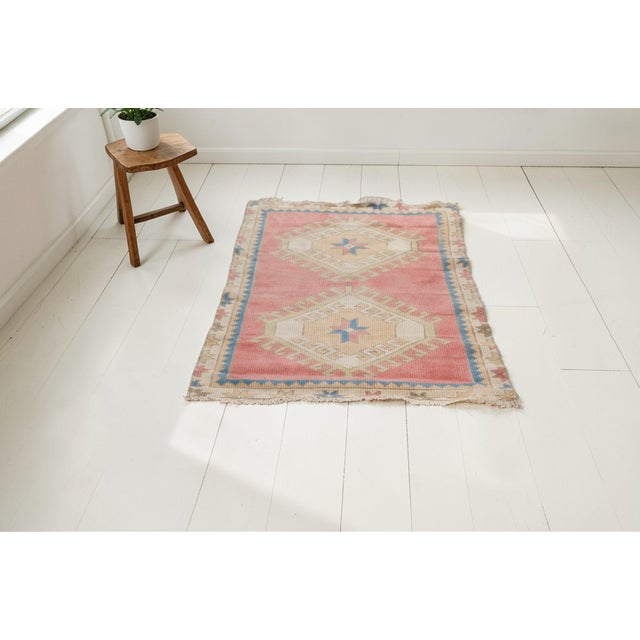 Blue Mid 20th Century Faded Rose & Blue Geometric Motifs Rug For Sale - Image 8 of 11