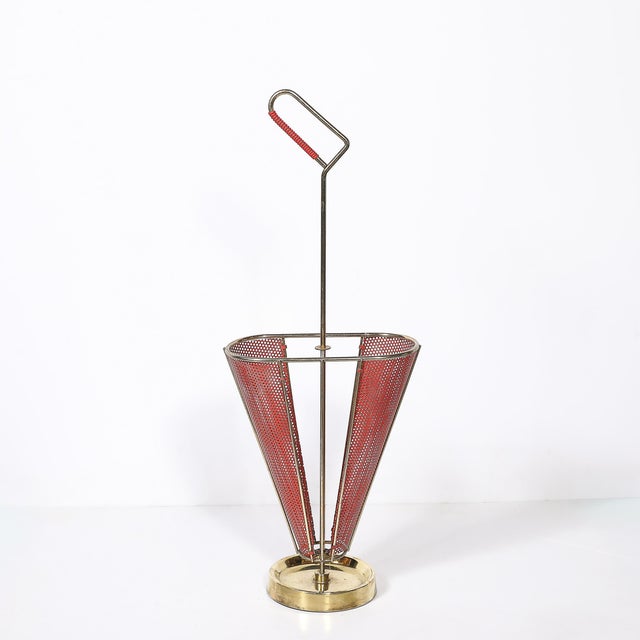 Mid-Century Modernist Sculptural Brass & Carnelian Red Enamel Umbrella Stand For Sale - Image 16 of 18