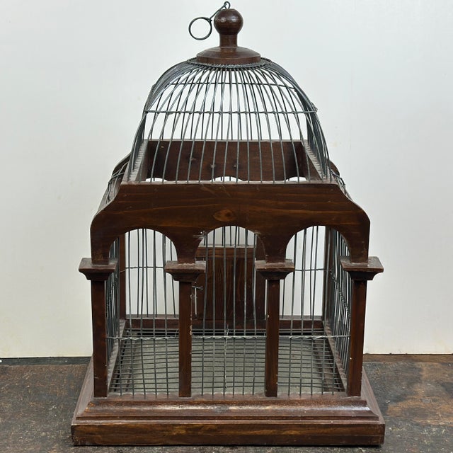 Vintage Decorative Wood & Wire Domed Birdcage Bird Cage For Sale - Image 4 of 12