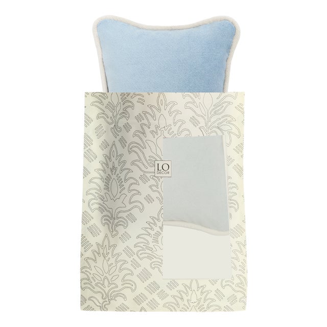 The Gift Micro Cushion in Light Blue Velvet with White Piping by Lorenza Briola for Lo Decor For Sale