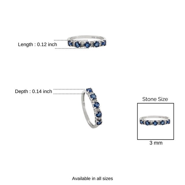 Round Cut Blue Sapphire & Diamond Half Eternity Band in 925 Silver- Size 7 For Sale - Image 9 of 11