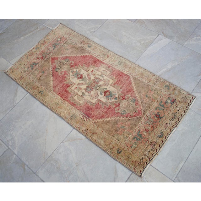 1970s Distressed Low Pile Turkish Yastik Petite Rug Faded Mat - 22'' X 44'' For Sale - Image 10 of 13