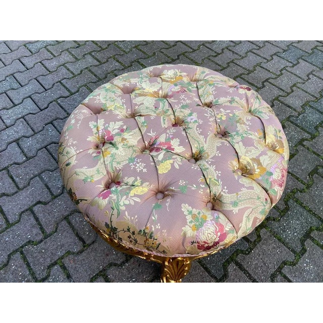 20th Century French Louis XVI Gilded Beech Bench with Pink Tufted Damask Upholstery Add a touch of Parisian refinement to...