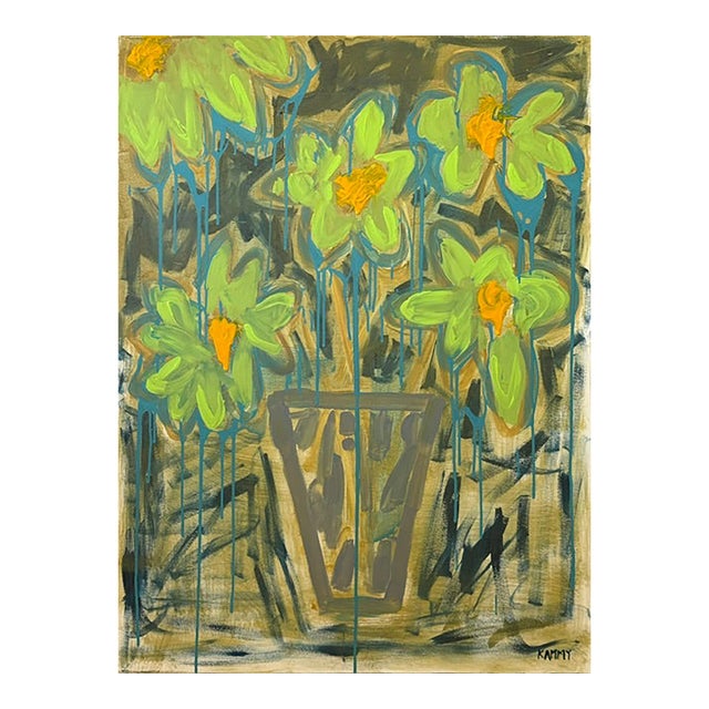 Abstract Green & Gold Floral Still Life – Modern Statement Artwork For Sale