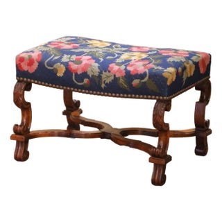 19th Century French Louis XIII Walnut Stool With Floral Needlepoint Upholstery For Sale