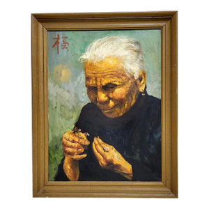 Oil Painting Portrait Elderly Woman From Hong Kong Holding Flowers
