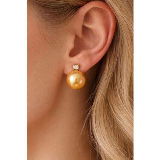18k Gold Stud Earrings With Golden South Sea Pearls and Diamond Accents, Pair For Sale - Image 11 of 11