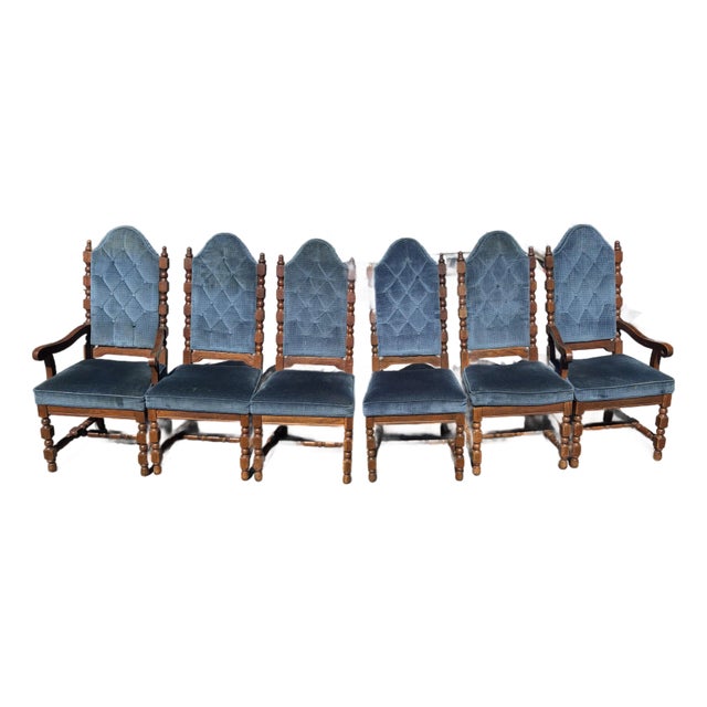 Late 19th Century Edwardian Walnut Upholstered Blue Button-Back Dining Chairs, Set of 6 For Sale