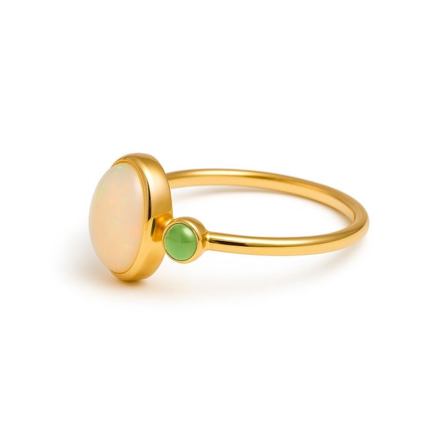 Modern 14k Gold Ring With Opal Cabochon and Peridots, Size 8 For Sale - Image 3 of 6