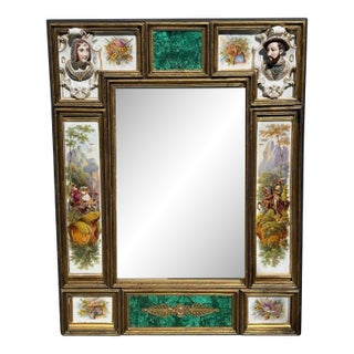Antique Porcelain Portrait Mirror With Painted Panels & Malachite Inset For Sale