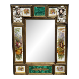 Antique Porcelain Portrait Mirror With Painted Panels & Malachite Inset
