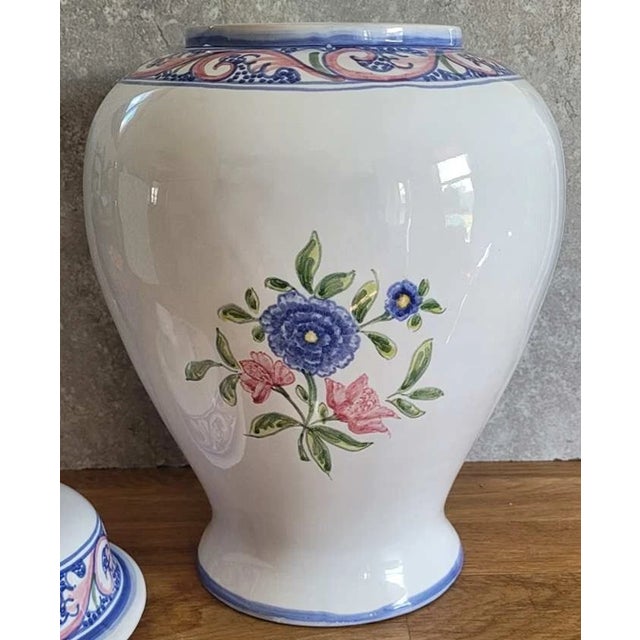 Vintage MCM Portugal Pink Blue Floral Scrolls 14" Canister Ginger Jar For Sale - Image 4 of 6