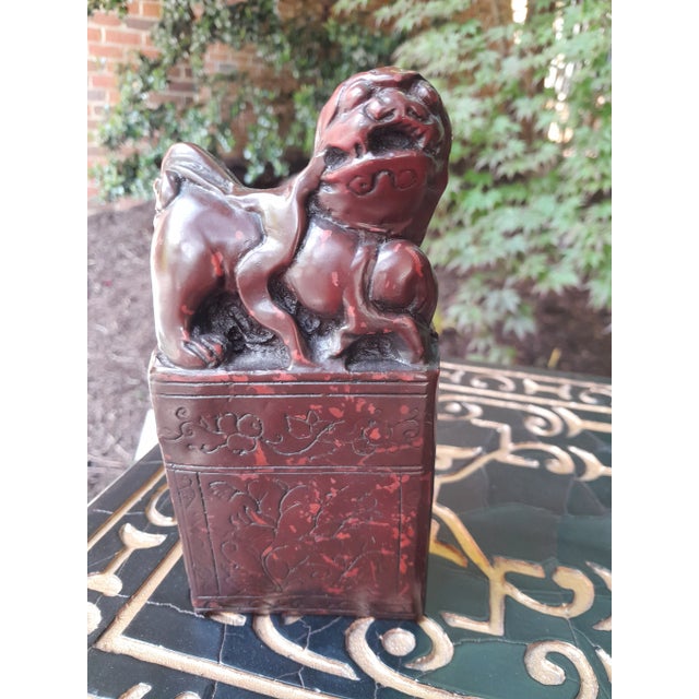 Pair of Mid 20th Century Petite Deep Red Soapstone Foo Dog Statues Bookends For Sale - Image 4 of 6