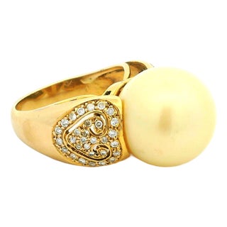 1990s Golden South Sea Pearl & Diamond 14k Gold Statement Ring, Size 7 For Sale