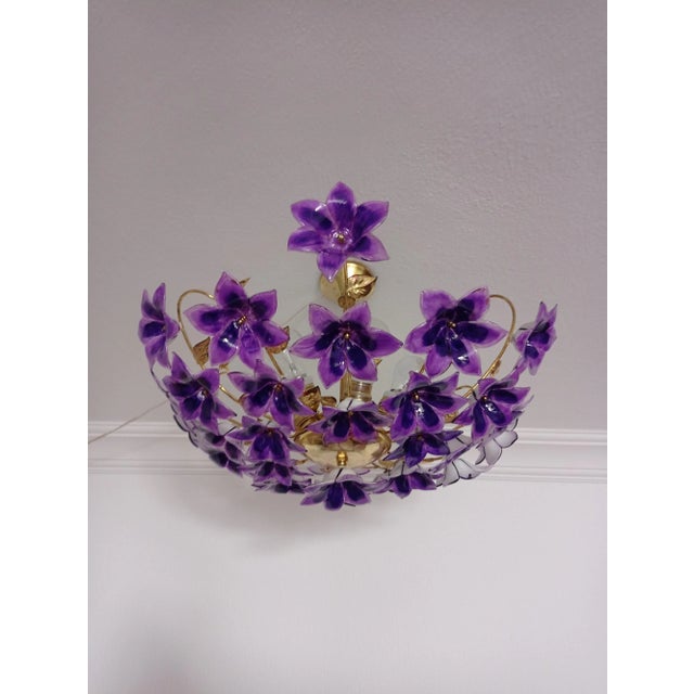 Vintage 1970s Murano Purple Glass Semi-Flush Mount Calla Lily Hand Painted Chandelier For Sale - Image 10 of 12