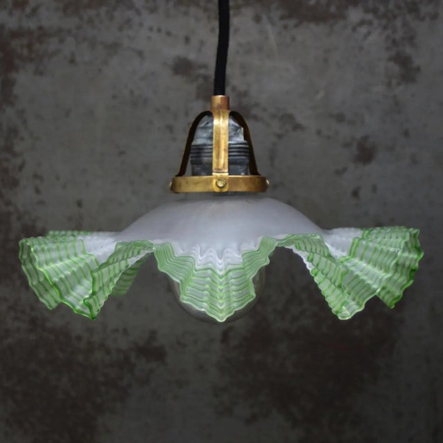Art Nouveau French Green Frosted Glass Pendant Light, 1920s For Sale - Image 3 of 9
