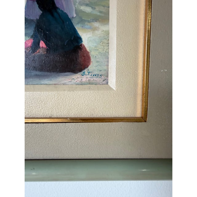 Vintage Impressionist Figural Landscape Oil on Masonite Board - Framed For Sale - Image 9 of 11