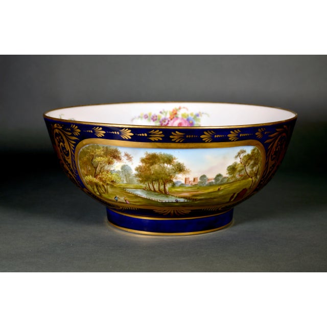 Late 19th Century French Porcelain Mazarine Blue-Ground Punch Bowl With London View and Botanical Interior For Sale - Image 5 of 12