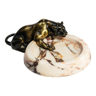 Incredible Art Deco Antique Bronze Panther Marble Catchall Art Sculpture Statue For Sale
