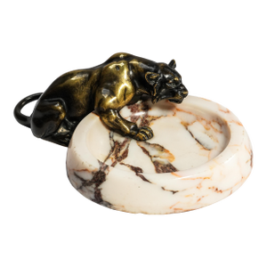 Incredible Art Deco Antique Bronze Panther Marble Catchall Art Sculpture Statue