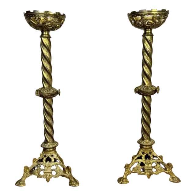 Large Antique Victorian Church Candlesticks, 1860, Set of 2 For Sale