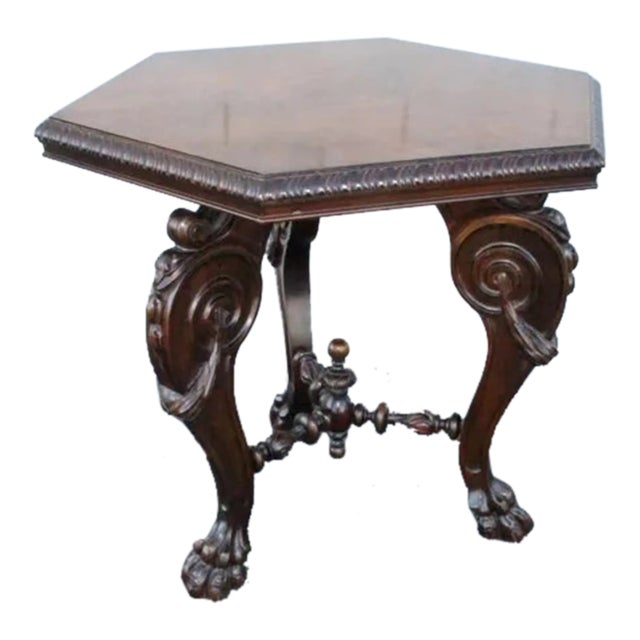 English Burl Walnut Carved Center Side Table, 19th C. For Sale