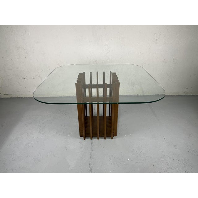 Italian Sculptural Dining Table in Crafted Wood and Thick Glass, 1970s For Sale - Image 4 of 9