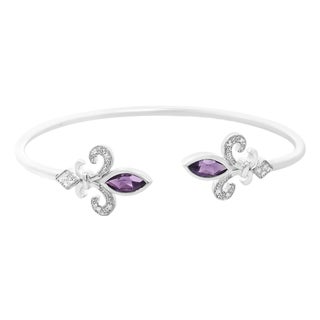 .925 Sterling Silver 8X4MM Marquise Purple Amethyst and Diamond Accent Fleur Di Lis Open Cuff Bangle (I-J Color, I1-I2 Clarity) - 7" For Sale