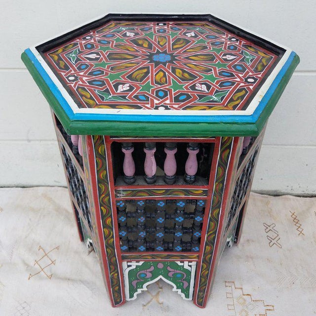 Moroccan Hexagonal Hand Painted Wooden End Table For Sale In Orlando - Image 6 of 7