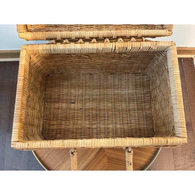 Vintage Wicker Picnic Basket With Double Handles & Latching Straps For Sale - Image 9 of 11