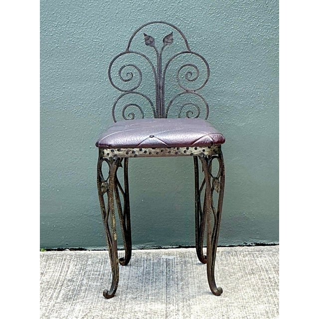 Burgundy Vintage Scroll Wrought Iron Vanity Chair For Sale - Image 8 of 12