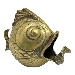 Vintage Solid Brass Happy Koi Fish Ashtray Cigar Open Mouth 1950's Soap Dish For Sale