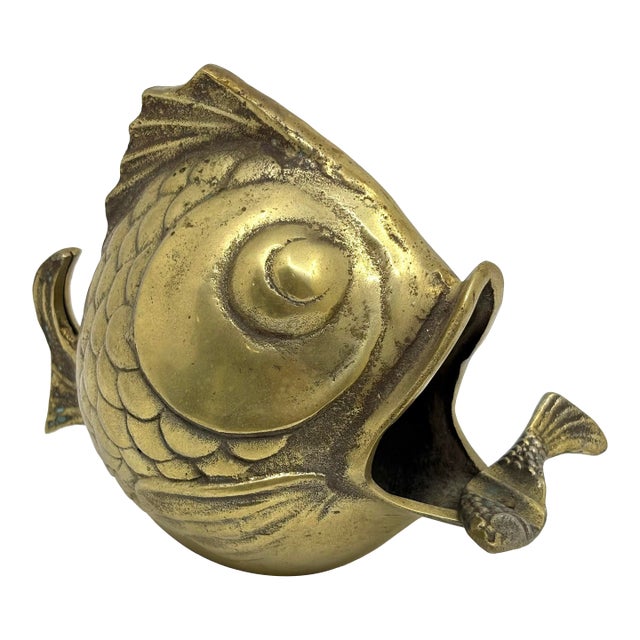 Vintage Solid Brass Happy Koi Fish Ashtray Cigar Open Mouth 1950's Soap Dish For Sale