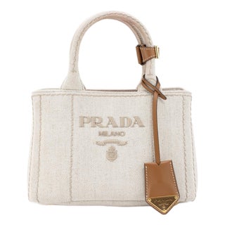 Prada Jardinière Natural Cotton Canvas Leather Trim Mini Handbag For Sale