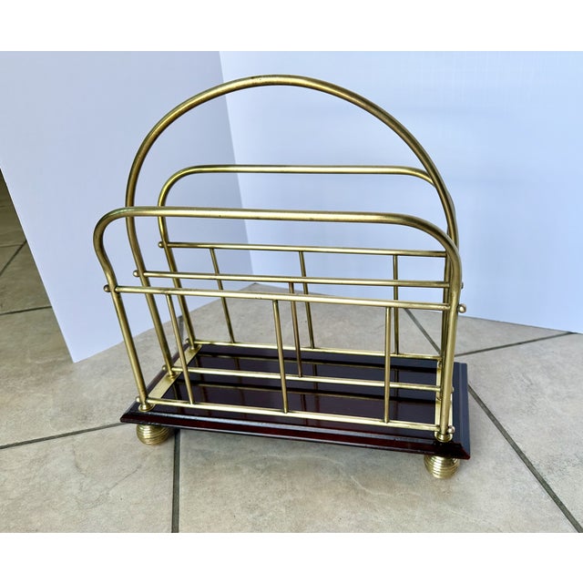 Wood English Victorian Brass Wood Newspaper Magazine Rack For Sale - Image 7 of 18