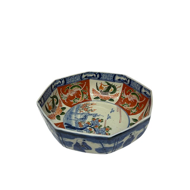 Vintage Oriental Imari Blue Red White Octagonal Porcelain Bowl Art For Sale - Image 11 of 12