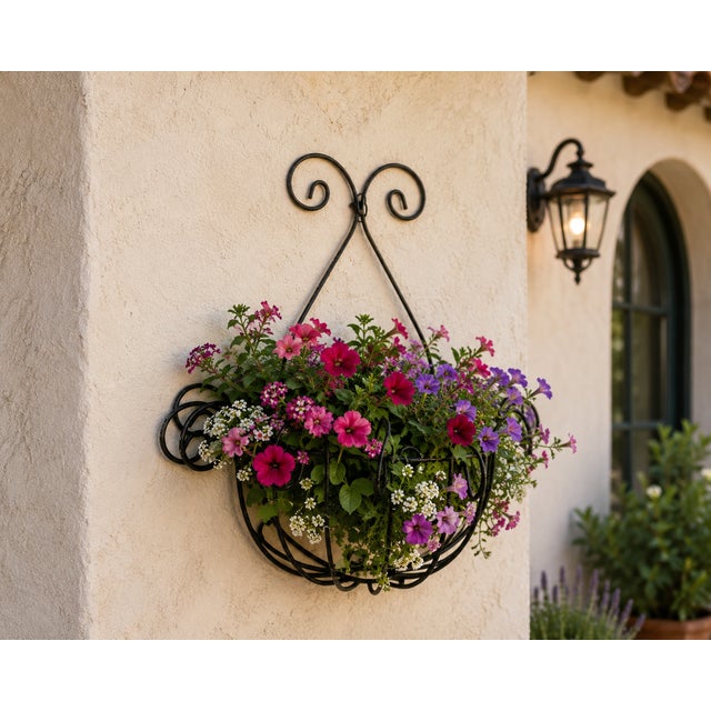 Black Vintage Wrought Iron Scrolled Wall Pocket Planter For Sale - Image 8 of 17