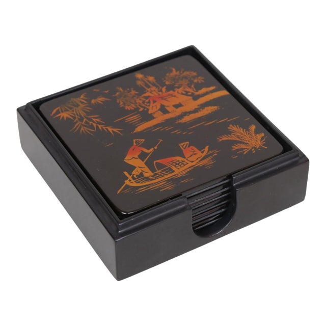 Black Lacquerware Coasters, Set of 6 For Sale