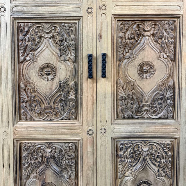 Wood 1980s Modern Farmhouse Style Vintage Carved Doors Tall Armoire For Sale - Image 7 of 7
