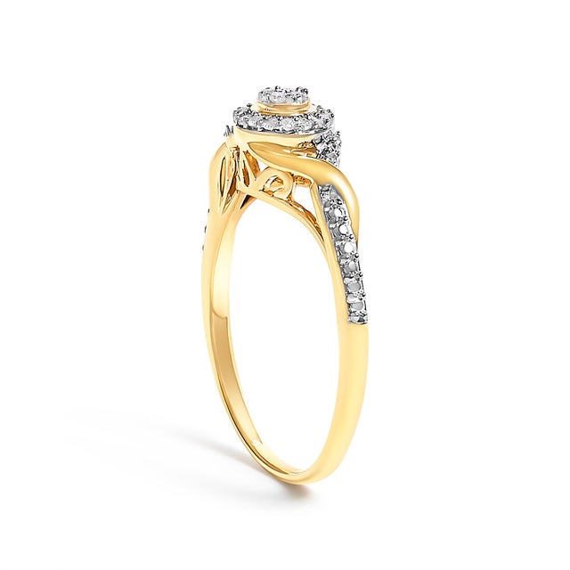 10K Yellow Gold 1/10 Cttw Diamond Swirl and Halo Promise Ring (I-J Color, I3 Clarity) - Size 6 For Sale - Image 4 of 7