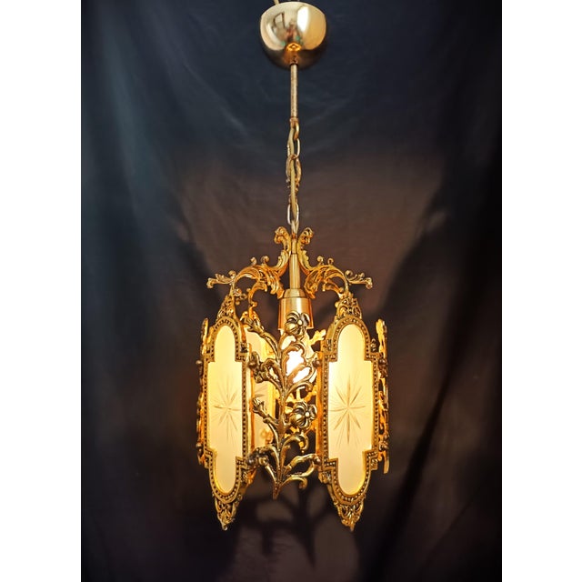 Metal Vintage Brass Chandelier Pendant Light French Style Floral Glass Ceiling Fixture For Sale - Image 7 of 12
