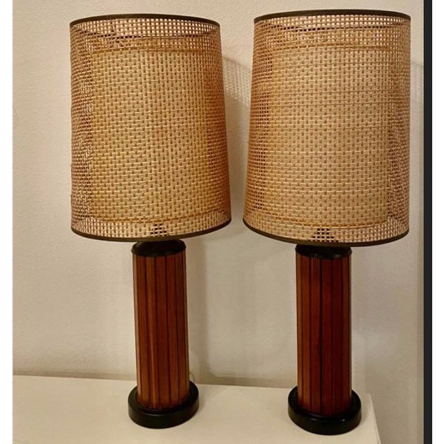 MidCentury Gruvwood Style Lamps Slatwood With Cane Shades Wood With Light Diffusing Shades a