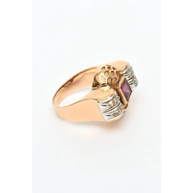 Vintage Retro 14 Karat Rose Gold, Diamond and Rubelite Ring 1940's Size 5.5 For Sale - Image 4 of 9