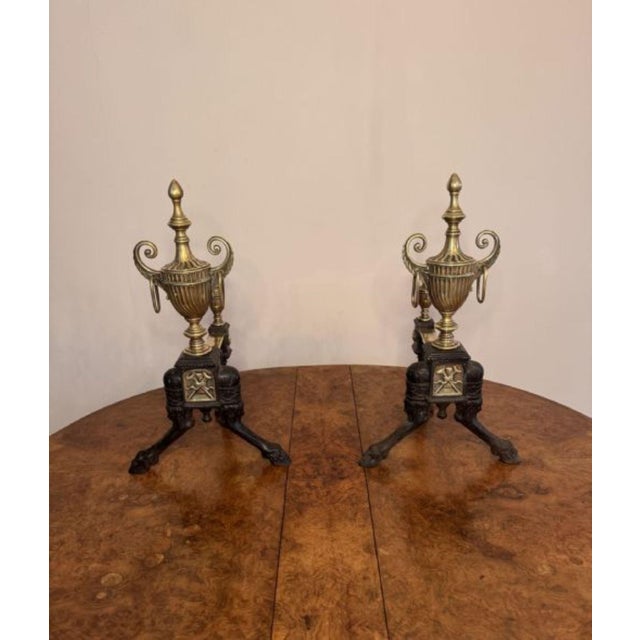 Metal Antique Victorian Brass and Iron Fire Dogs, 1860, Set of 2 For Sale - Image 7 of 7