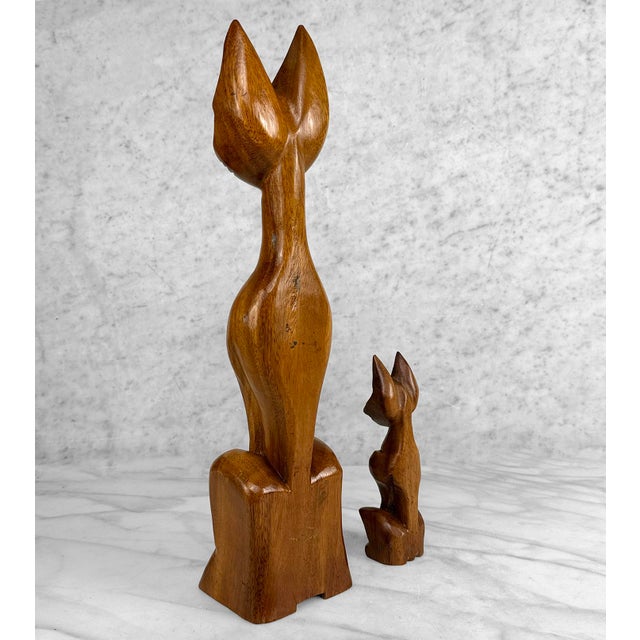 1960s Mid-Century 17" Teak Siamese Cat Carved Sculpture - A Pair For Sale - Image 5 of 9