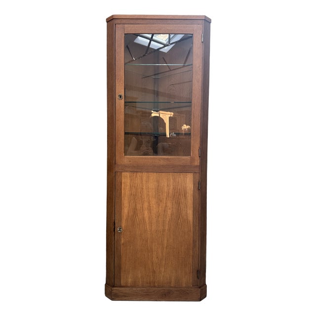 Vintage Oak Corner Cabinet with Glass Front, 1950s For Sale