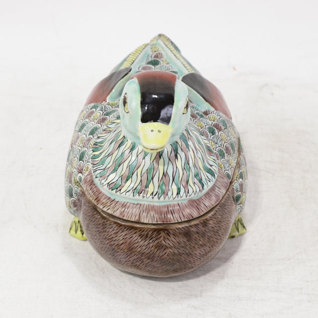 Vintage Chinese Famille Verte Porcelain Mandarin Duck Hand-Painted Covered Bowl For Sale - Image 9 of 13